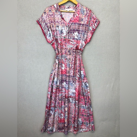 Karyn Seo Dresses & Skirts - Karyn Seo Midi Boho Silky Dress Sz Med Pink Purple Floral Wedding Flutter Sleeve